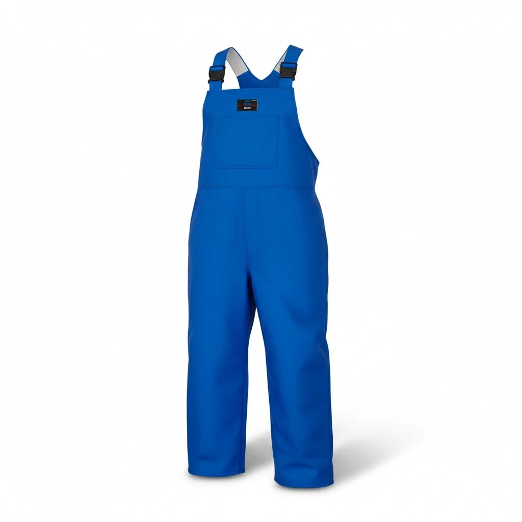 Jardinera criogénica azul GERF SAFETY con tirantes ajustables, diseñada para protección contra frío extremo.