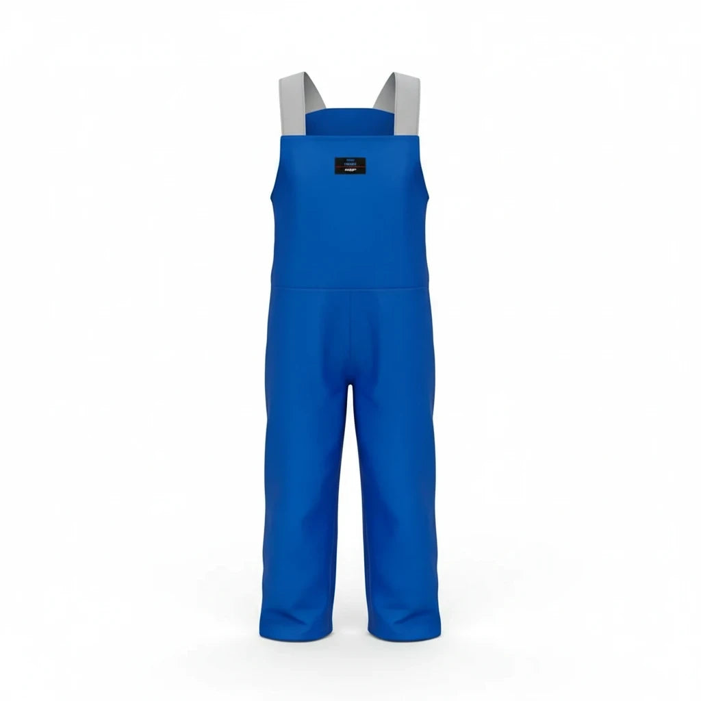 Jardinera criogénica azul GERF SAFETY con tirantes ajustables, diseñada para protección contra frío extremo.