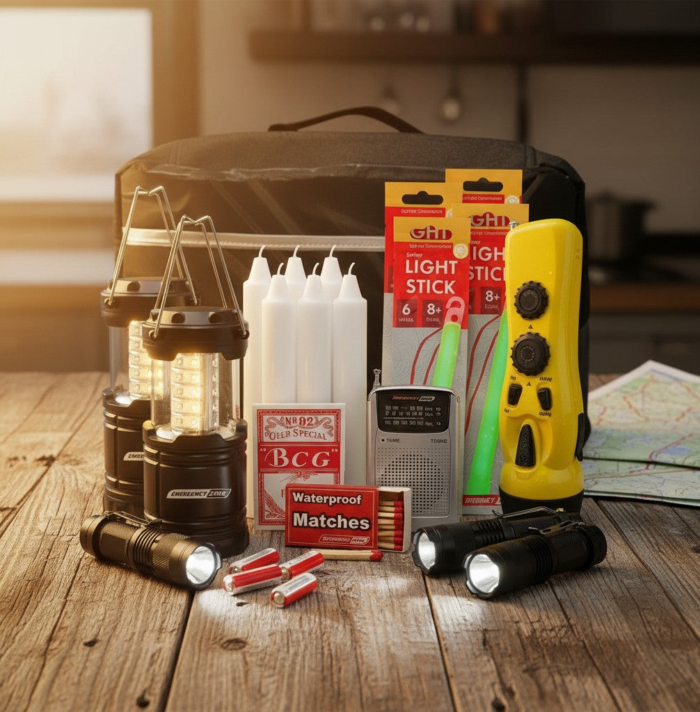 Kit de emergencia GERF SAFETY de 15 piezas con radio NOAA, linternas LED, velas y fósforos en bolsa de nailon negra.