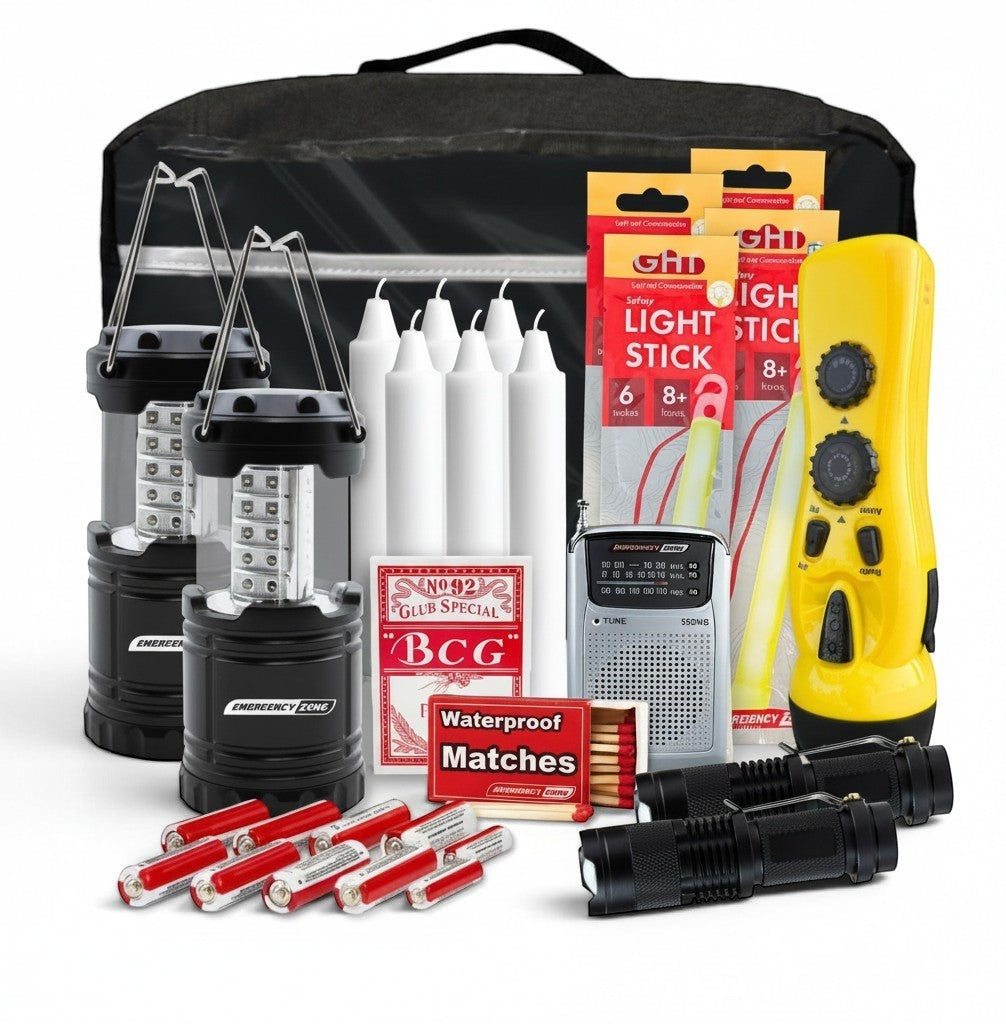 Kit de emergencia GERF SAFETY de 15 piezas con radio NOAA, linternas LED, velas y fósforos en bolsa de nailon negra.