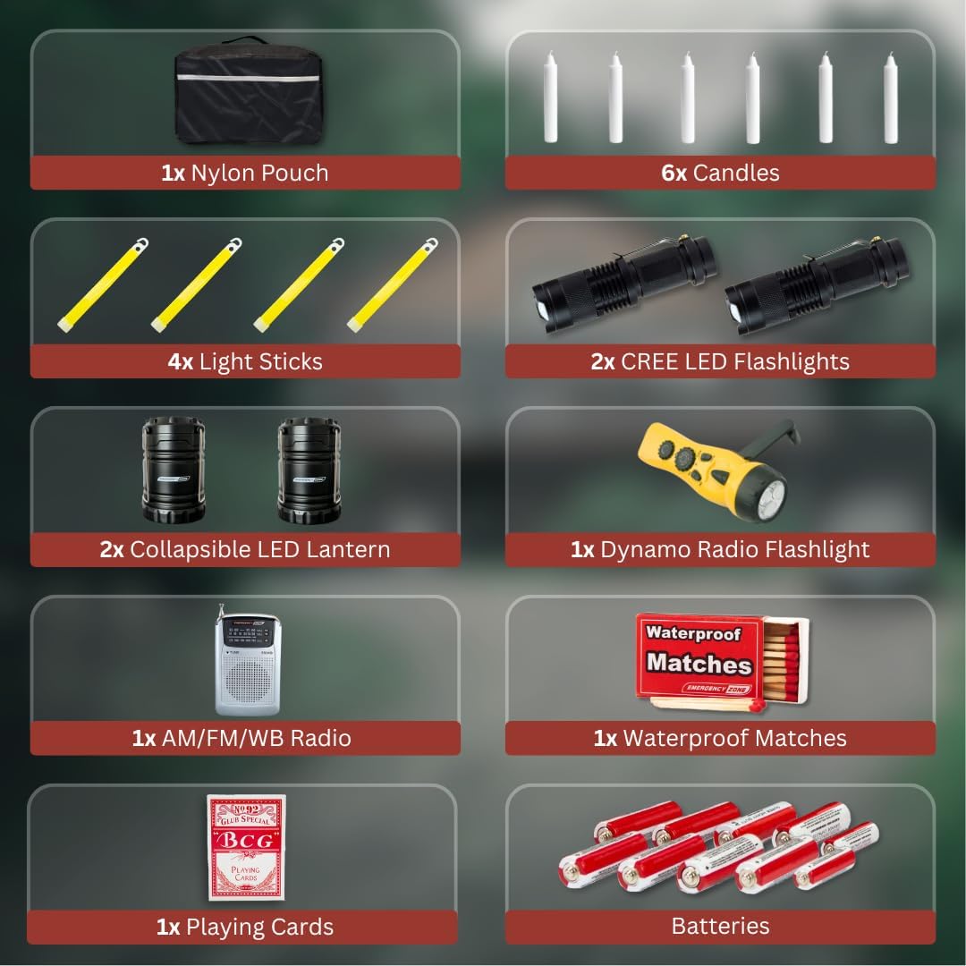 Kit de emergencia GERF SAFETY de 15 piezas con radio NOAA, linternas LED, velas y accesorios en bolsa de nailon.