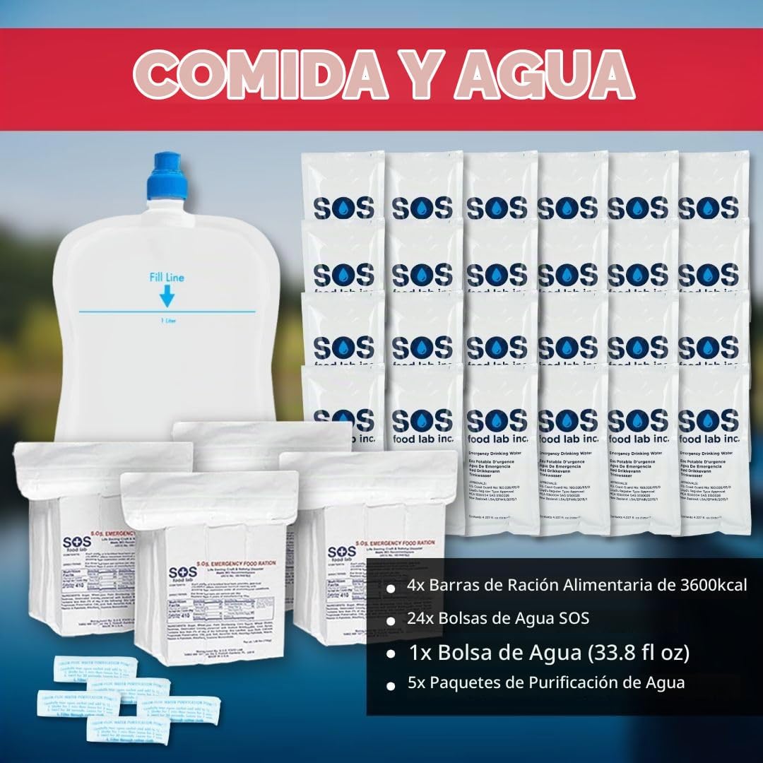 Suministros de comida y agua GERF SAFETY con raciones SOS certificadas, bolsas de agua y paquetes de purificación.