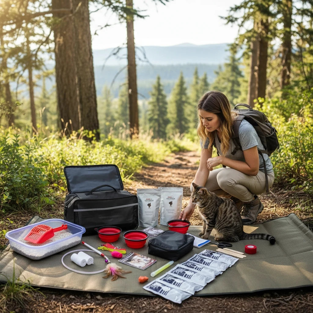 Mujer con su gato en un bosque usando el kit de emergencia GERF SAFETY de 53 piezas con suministros y mochila de nailon.