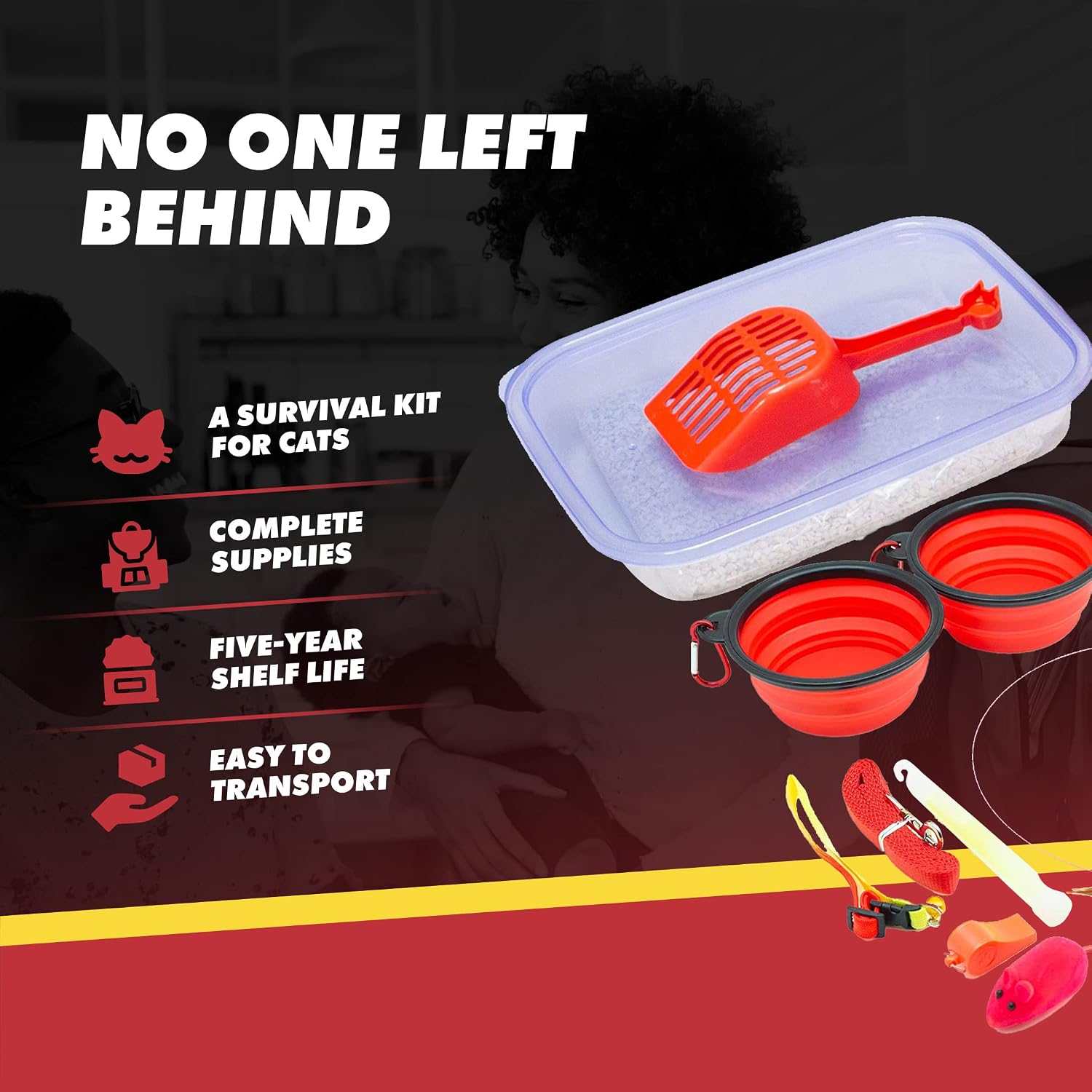 Kit de emergencia para gatos GERF SAFETY con pala, cuencos plegables rojos, juguetes y suministros de supervivencia.