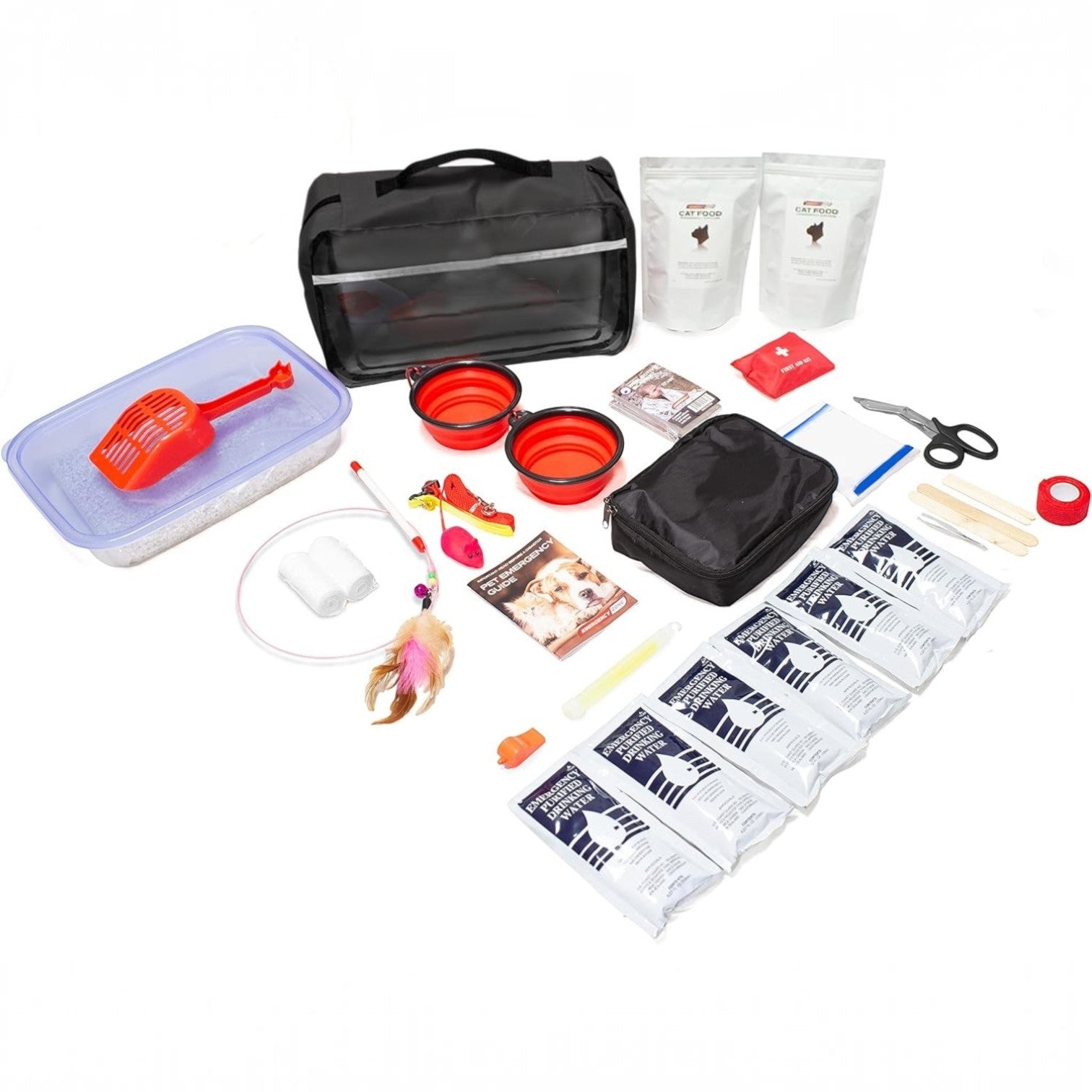Kit de emergencia GERF SAFETY de 53 piezas para gatos con mochila de nailon, comida, agua, juguetes y suministros médicos.