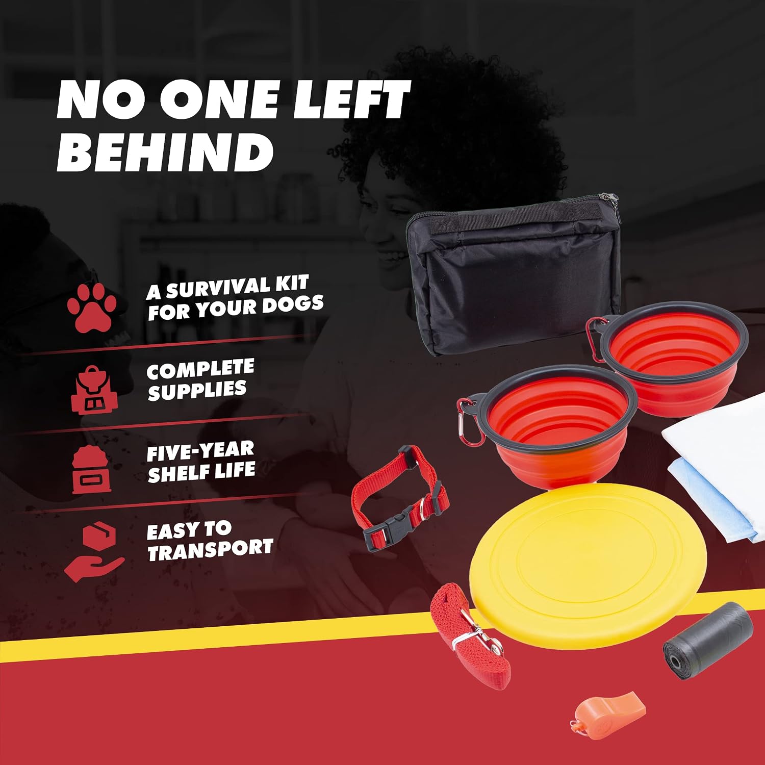 Kit de emergencia GERF SAFETY con cuencos plegables, correa y accesorios para perros pequeños en mochila de nailon.