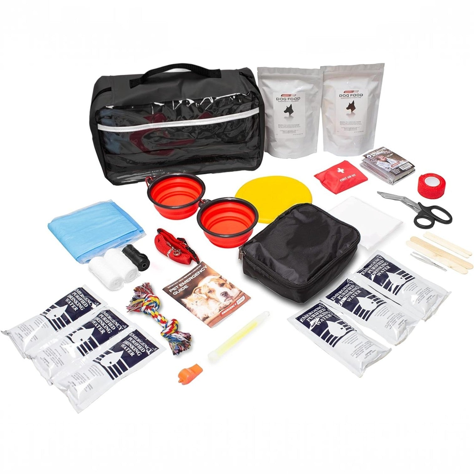 Kit de emergencia GERF SAFETY de 53 piezas para perros pequeños con mochila de nailon, comida, agua y accesorios.