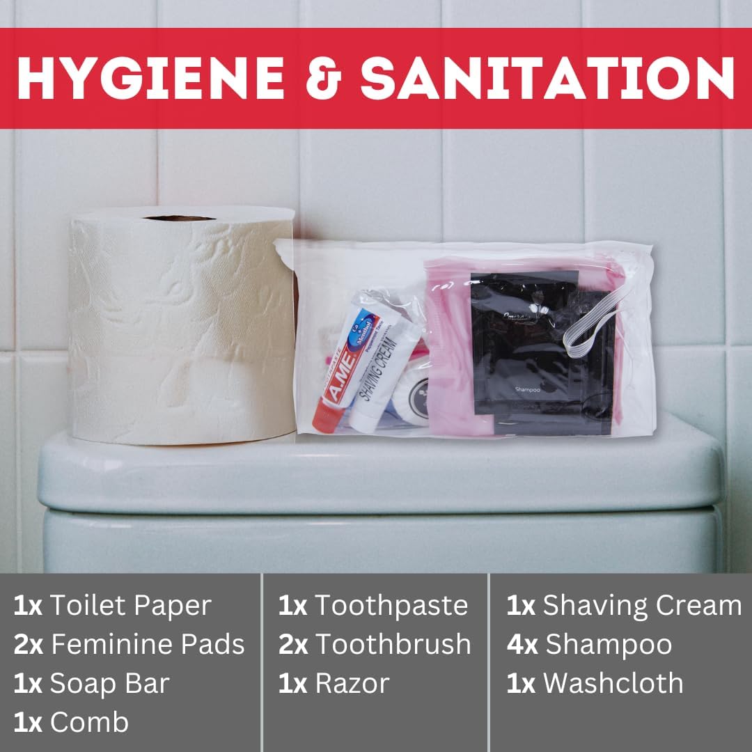 Kit de higiene y saneamiento GERF SAFETY con artículos esenciales de aseo personal en bolsa organizadora transparente.