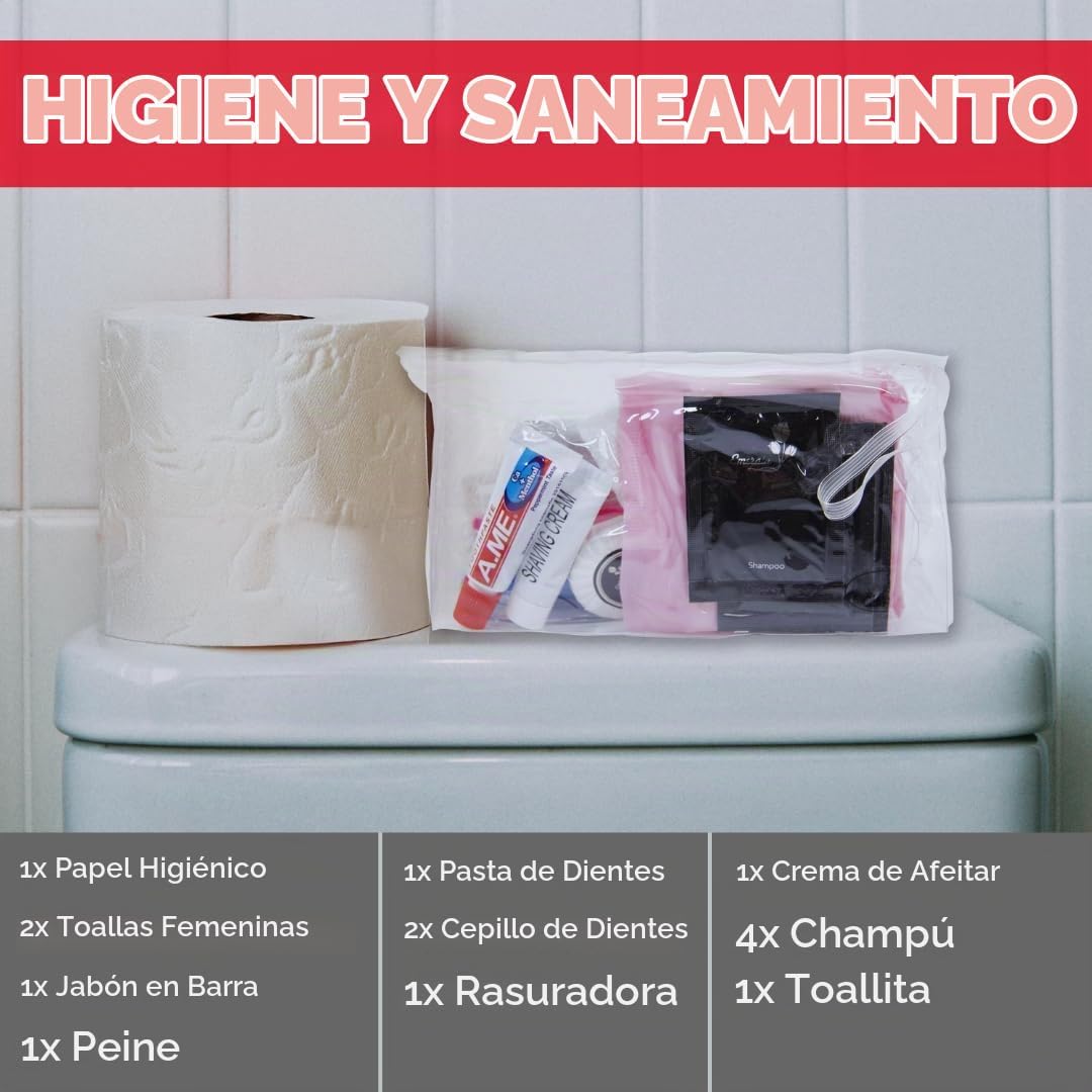 Kit de higiene y saneamiento GERF SAFETY con papel higiénico y artículos de aseo personal en bolsa transparente