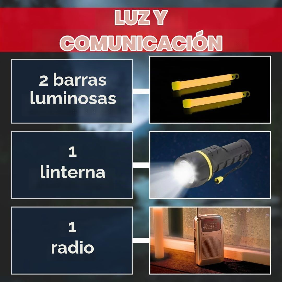 Kit de luz y comunicación GERF SAFETY con dos barras luminosas, una linterna LED y una radio para emergencias.