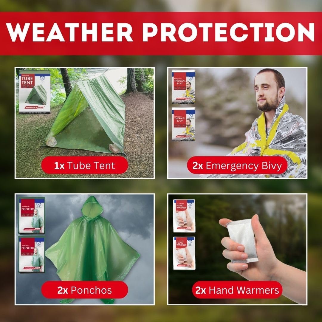 Kit de protección climática GERF SAFETY con tienda de campaña, sacos de dormir térmicos, ponchos y calentadores de mano