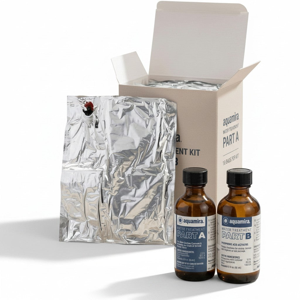 Kit de recarga GERF SAFETY con 12 bolsas Mylar resistentes y tratamiento Aquamira para almacenamiento de agua potable.