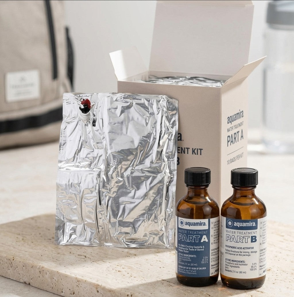 Kit de recarga de agua GERF SAFETY con bolsas Mylar plateadas y tratamiento purificador Aquamira para emergencias.