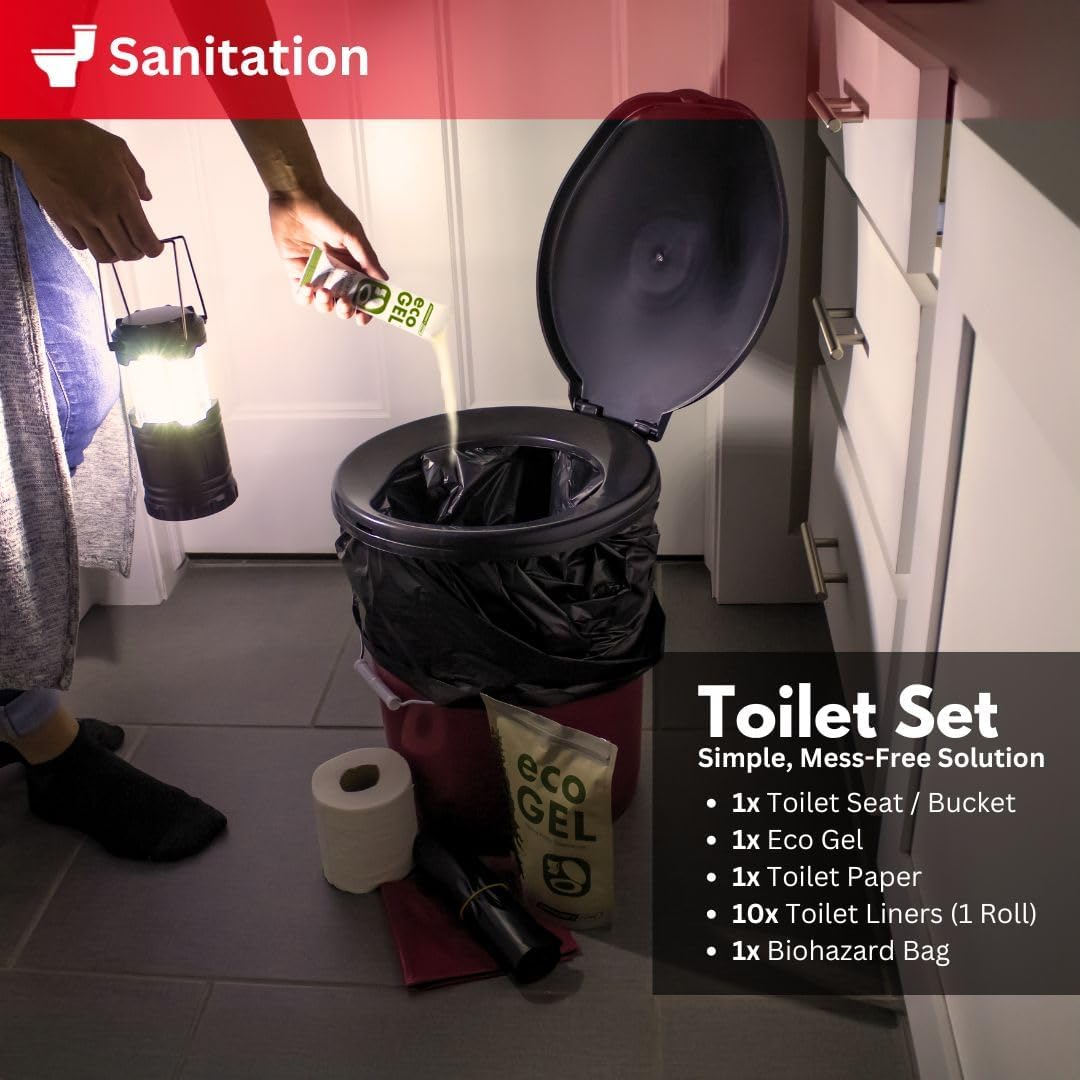 Kit de saneamiento GERF SAFETY con inodoro portátil, gel ecológico, papel higiénico y bolsas para emergencias.