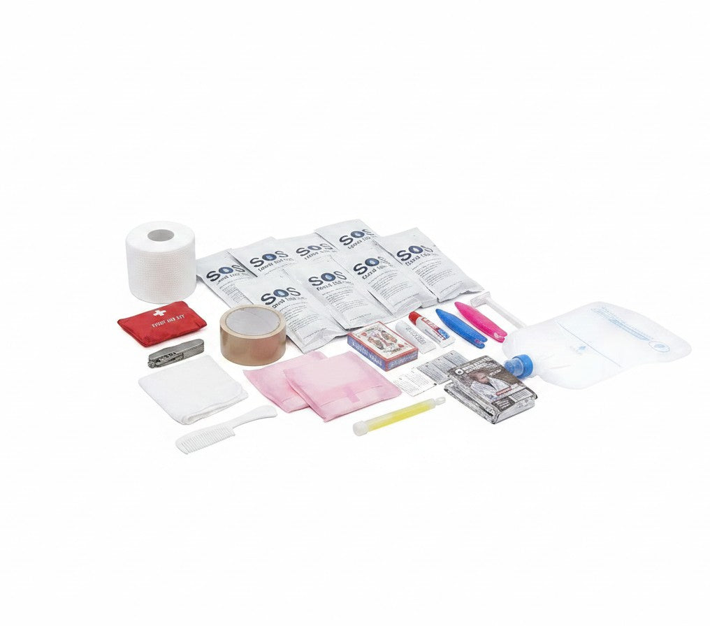 Contenido del kit de supervivencia GERF SAFETY de 72 horas con raciones SOS, agua, botiquín y artículos esenciales.