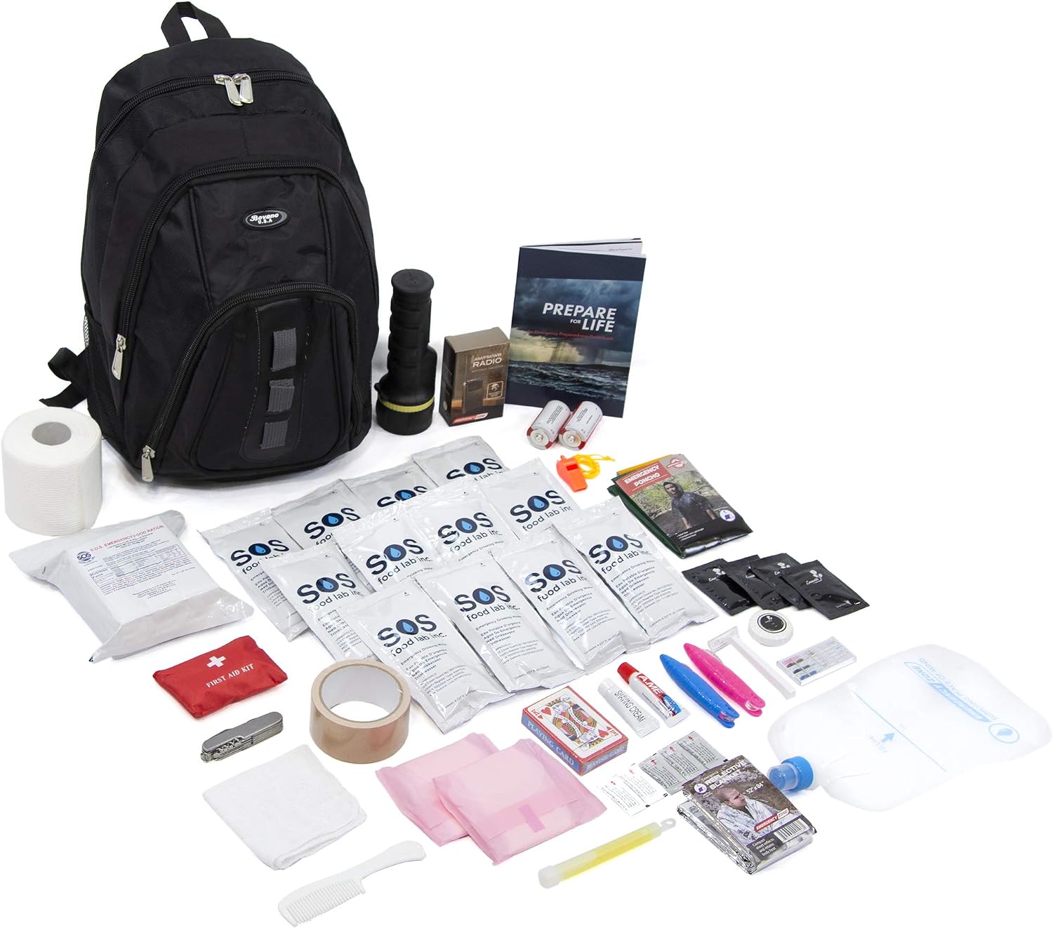 Kit de supervivencia GERF SAFETY de 72 horas para 1 persona con mochila negra, raciones SOS, agua y suministros esenciales.