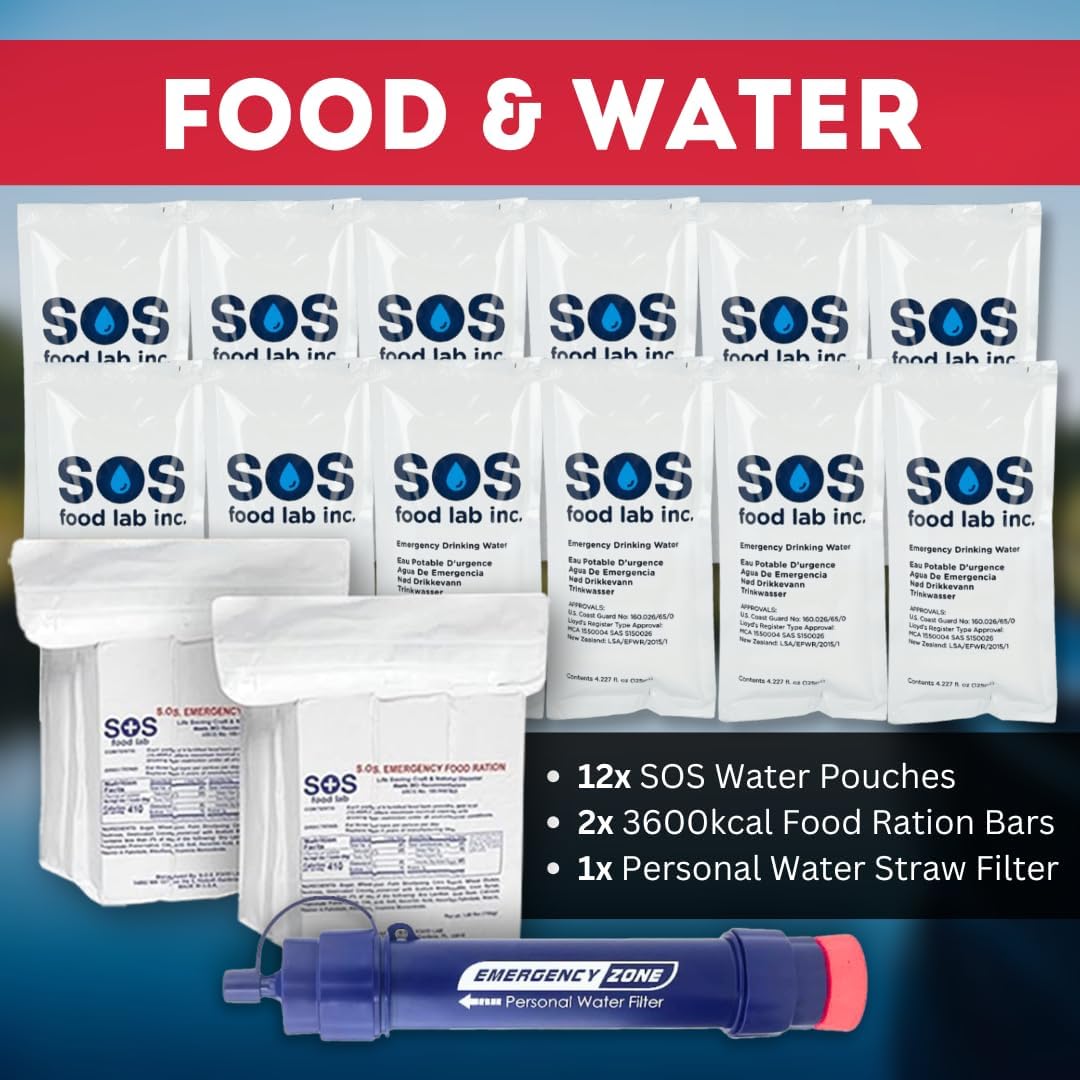 GERF SAFETY kit de supervivencia con raciones de agua SOS, barras alimenticias y filtro de agua portátil.