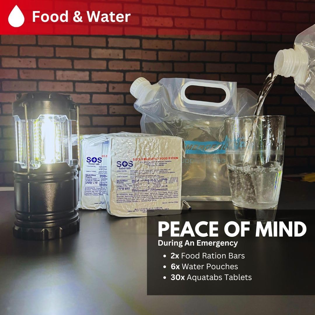Kit de supervivencia GERF SAFETY con raciones de comida, bolsas de agua y linterna para emergencias de 72 horas.