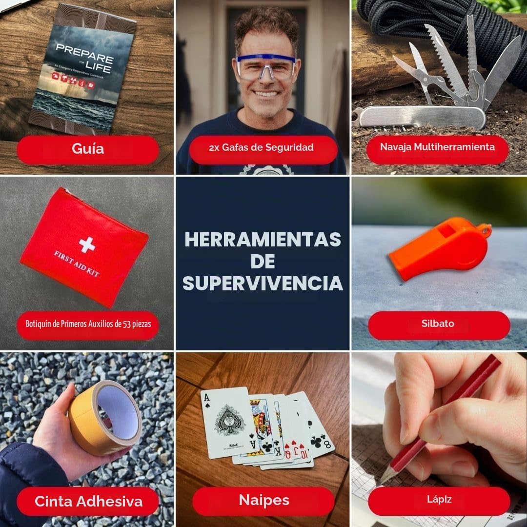 Kit de supervivencia GERF SAFETY con herramientas esenciales, botiquín, guía, silbato y accesorios para emergencias.