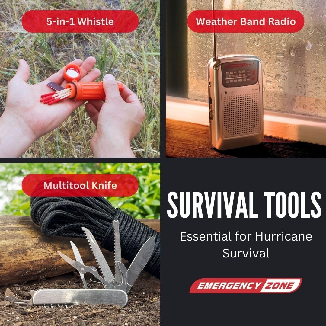 Kit de supervivencia GERF SAFETY con silbato 5 en 1, radio meteorológica NOAA y navaja multiusos para emergencias.