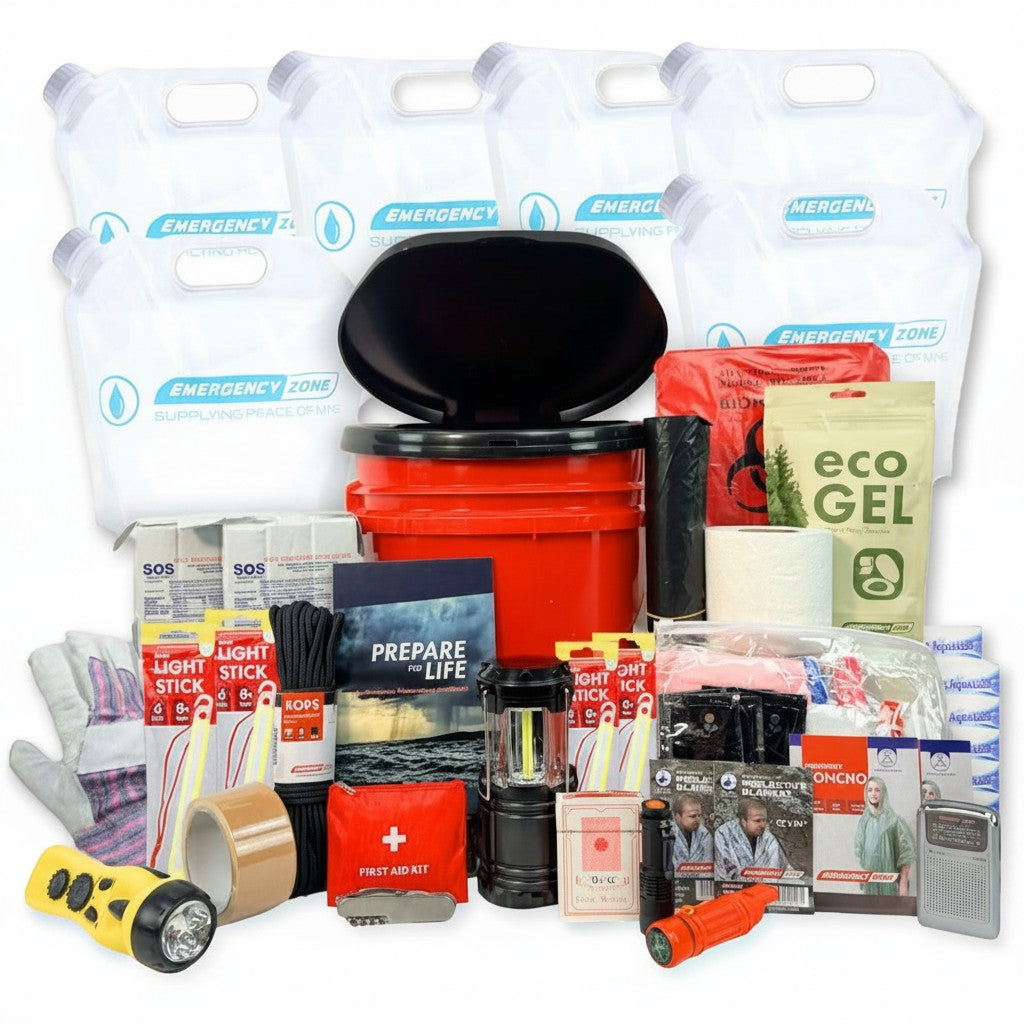 Kit de supervivencia GERF SAFETY para 2 personas con bolsas de agua, radio NOAA, linternas y suministros de emergencia.