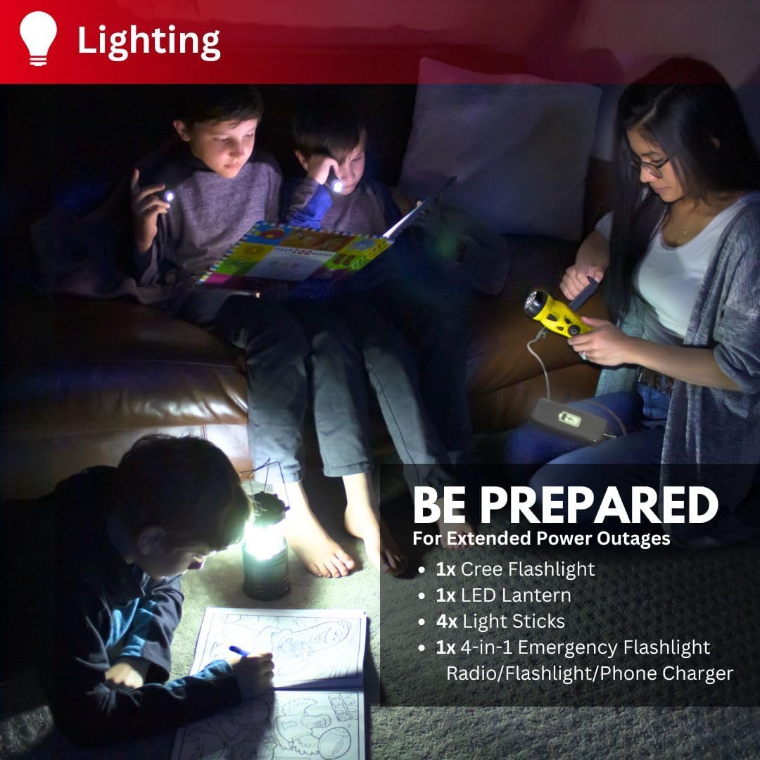 Familia usando linternas y luces del kit de emergencia GERF SAFETY durante un corte de energía en casa