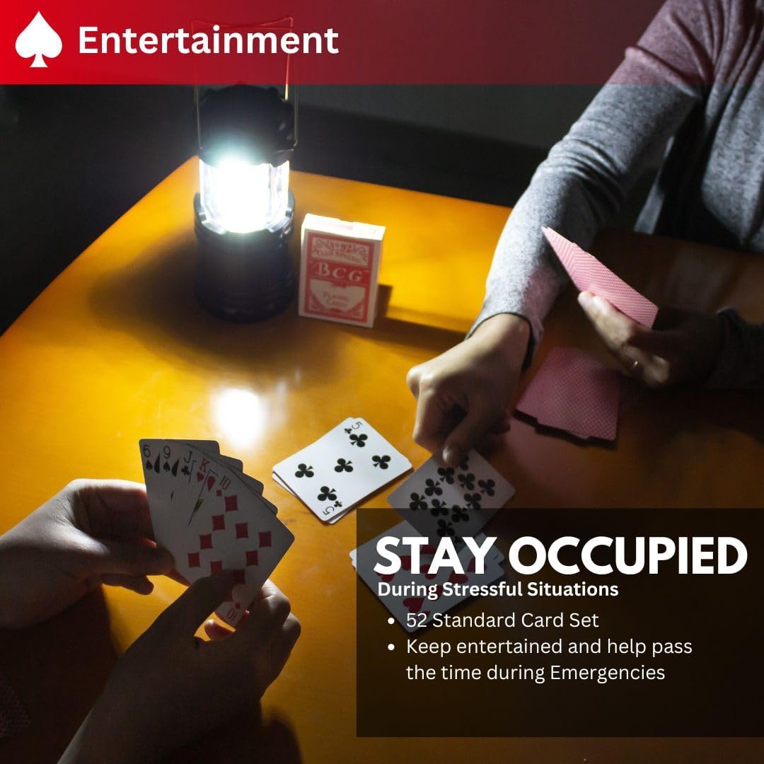 Dos personas jugando a las cartas bajo la luz de una linterna LED del kit de supervivencia GERF SAFETY en la oscuridad