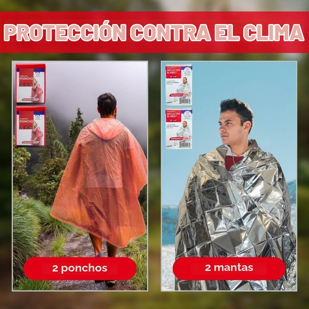 GERF SAFETY kit de supervivencia con dos ponchos impermeables naranjas y dos mantas térmicas reflectantes de emergencia