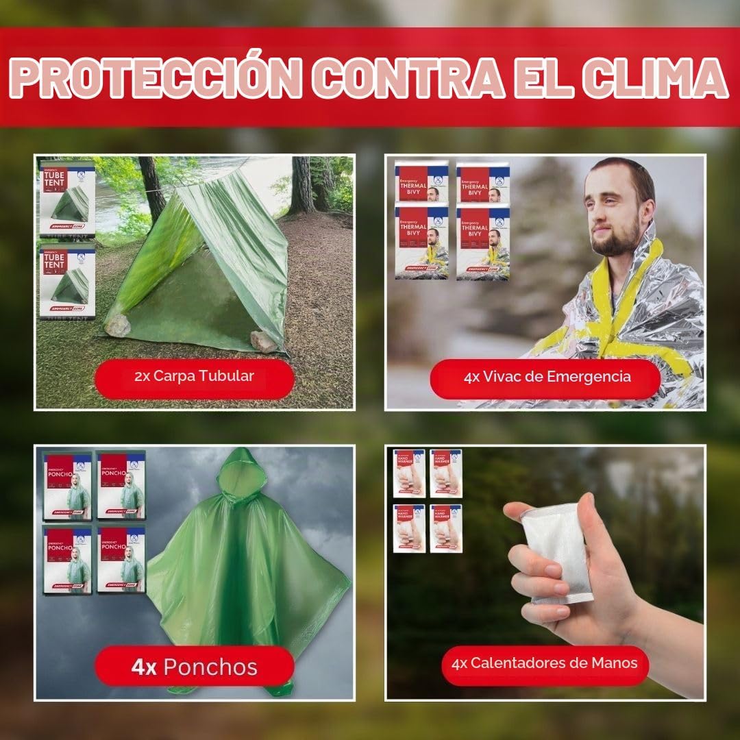 GERF SAFETY kit de supervivencia con carpas tubulares, vivacs térmicos, ponchos impermeables y calentadores de manos.