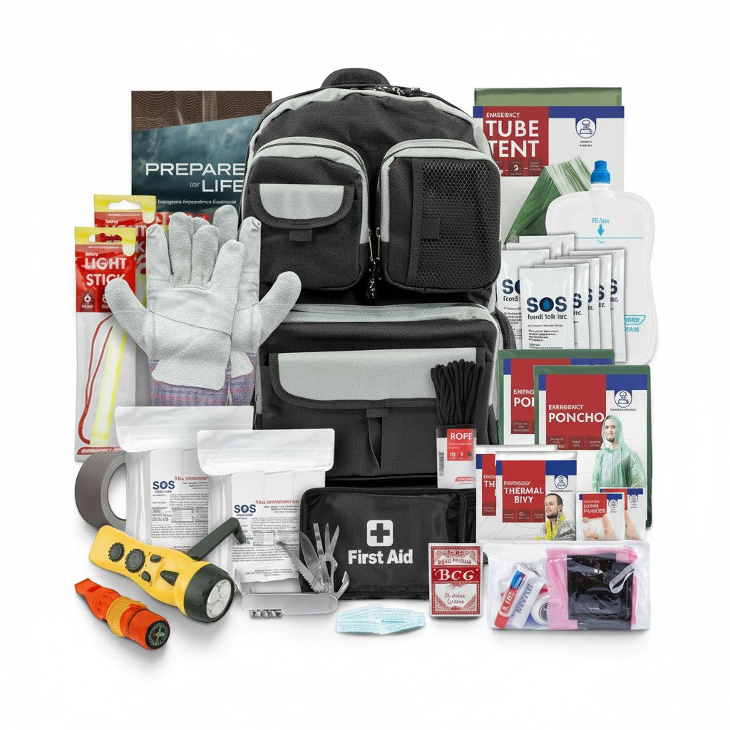 Kit de supervivencia urbana GERF SAFETY para 6 personas con mochila negra, raciones SOS, botiquín y suministros