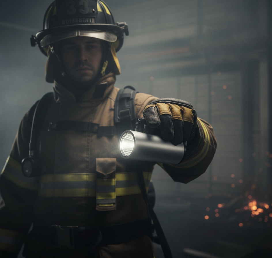 Bombero con equipo de protección sosteniendo una linterna GERF SAFETY de aluminio plateado a prueba de explosiones.