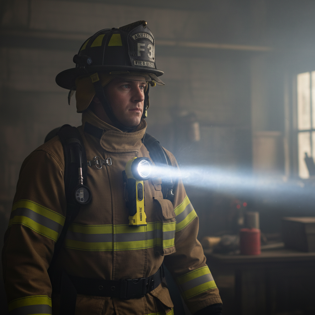 Bombero con equipo de protección usando linterna angular GERF SAFETY de alta potencia en un entorno industrial oscuro