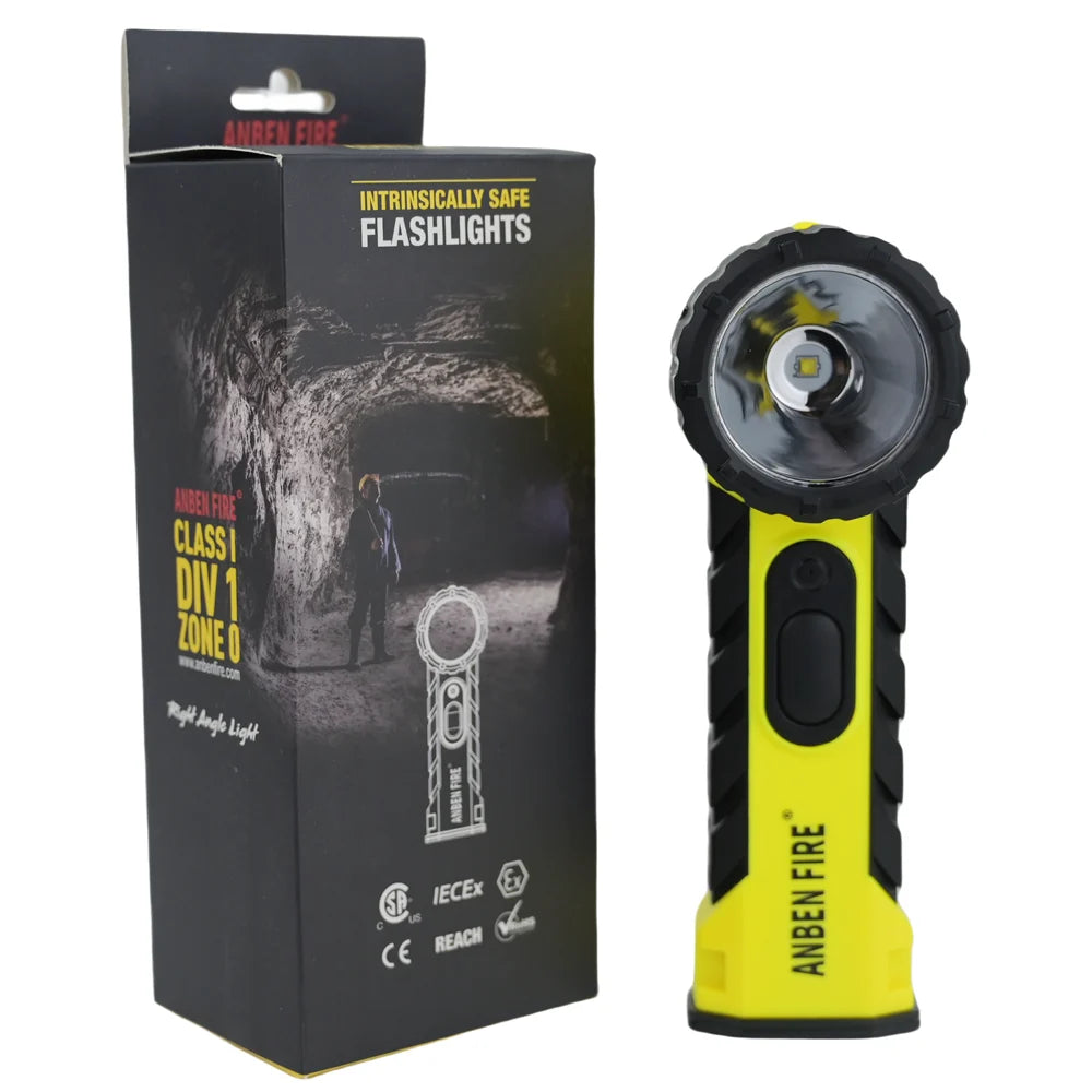 Linterna angular GERF SAFETY de color amarillo, resistente a explosiones, ideal para bomberos y minería en zonas ATEX.