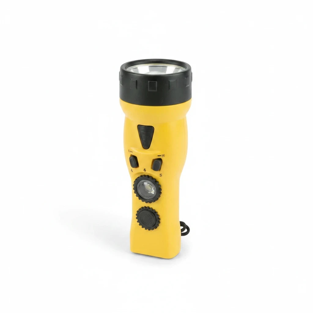 Linterna de emergencia amarilla GERF SAFETY con controles táctiles, ideal para kits de supervivencia urbana.