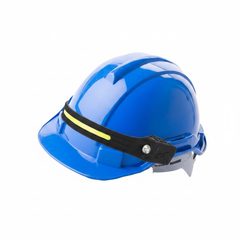 Linterna frontal LED recargable GERF SAFETY montada en casco de seguridad azul para trabajos industriales