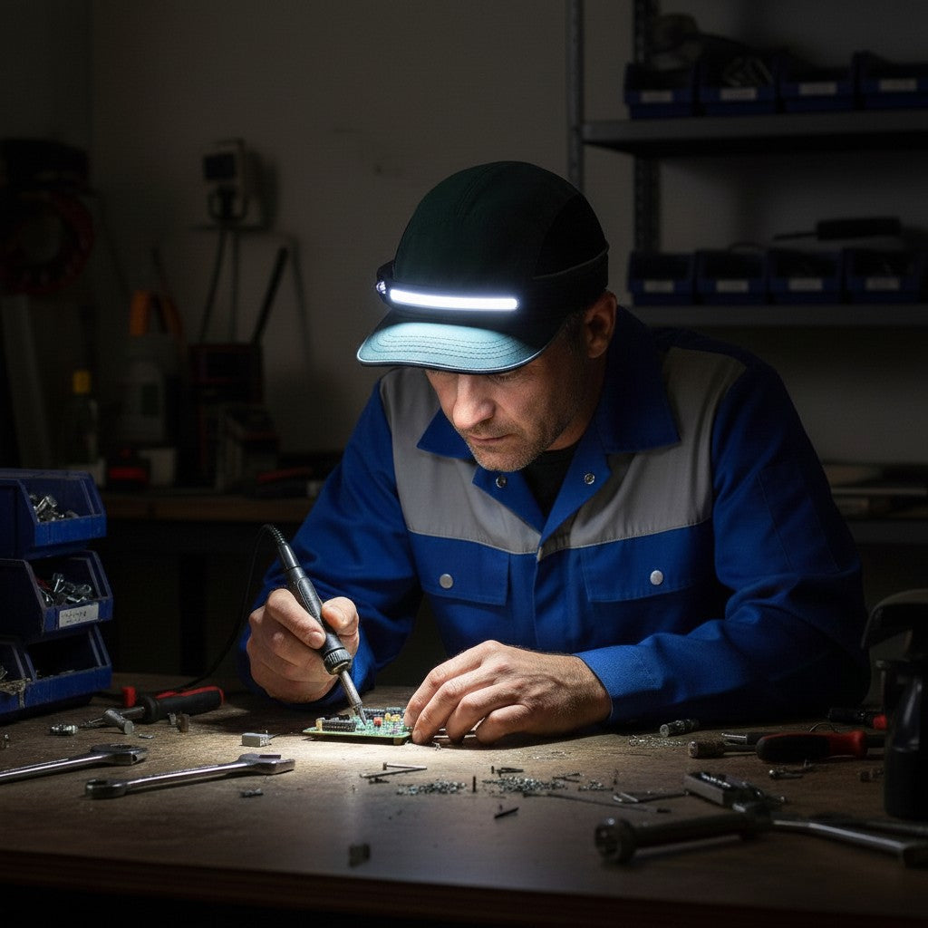 Trabajador con linterna frontal LED recargable GERF SAFETY de 230 grados soldando componentes en un taller oscuro.