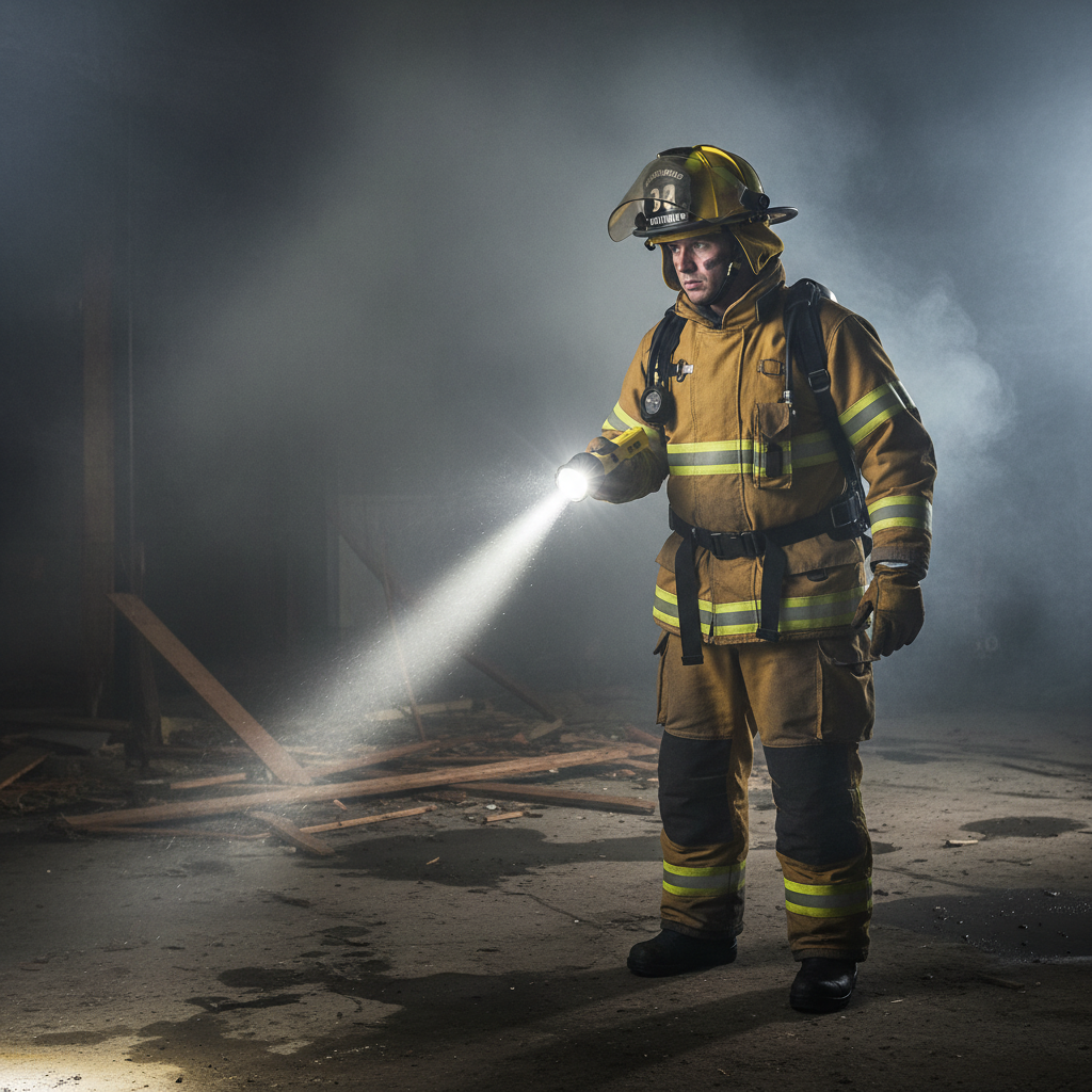 Bombero con equipo de protección usando linterna GERF SAFETY a prueba de explosiones en un entorno con humo