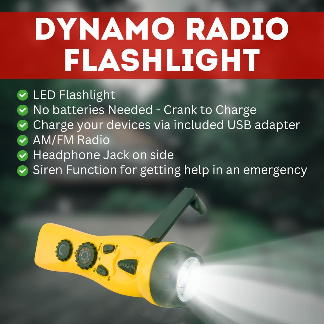 Linterna de radio dinamo GERF SAFETY amarilla con luz LED, radio AM/FM y funcion de sirena para emergencias