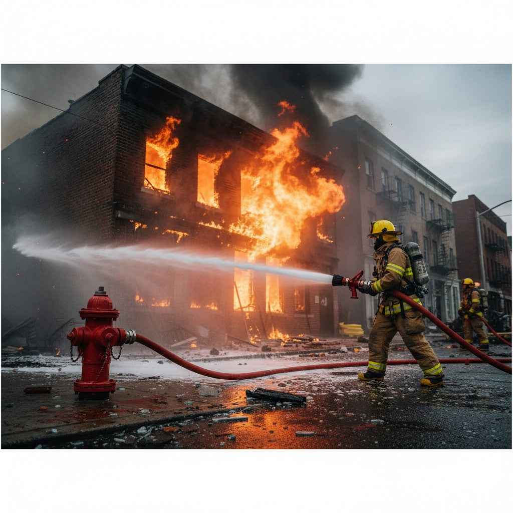 Bombero GERF SAFETY usando manguera de goma sintética de alta resistencia para extinguir un incendio en un edificio.