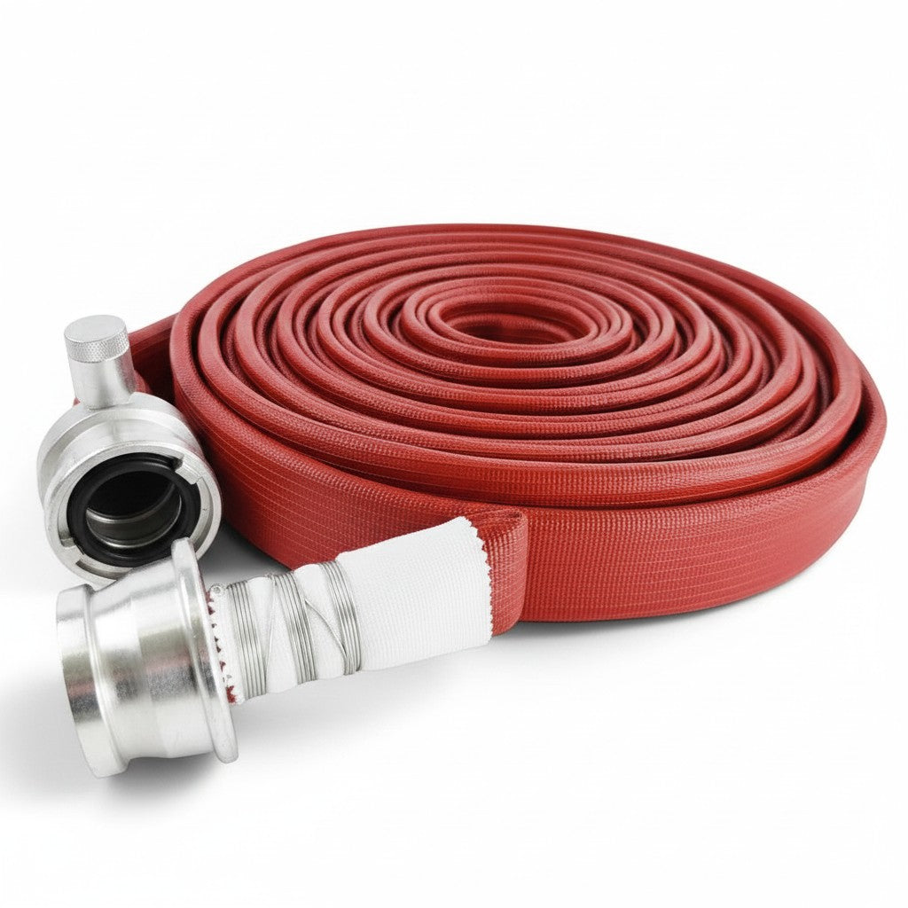 Manguera de bomberos roja GERF SAFETY de goma sintética con tres capas y acoples metálicos para alta presión