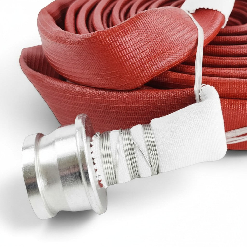 Manguera de bomberos roja GERF SAFETY de 3 capas con revestimiento de goma sintética y acople metálico resistente