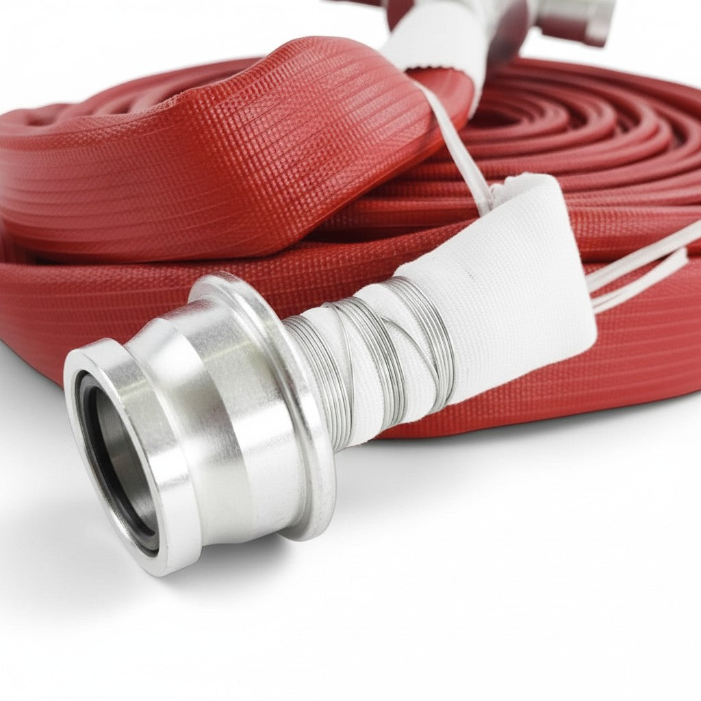 Manguera de bomberos roja GERF SAFETY de tres capas con acople metálico, ideal para alta presión y uso industrial.