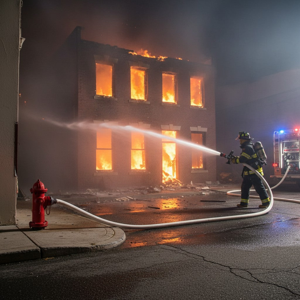 Bombero usando manguera GERF SAFETY de poliéster y PVC para extinguir un incendio en un edificio en llamas.
