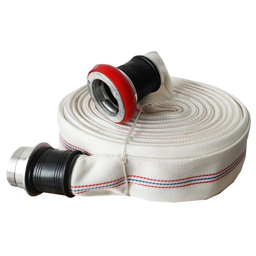 Manguera contra incendios GERF SAFETY blanca de poliéster con forro de PVC y acoples metálicos para alta presión