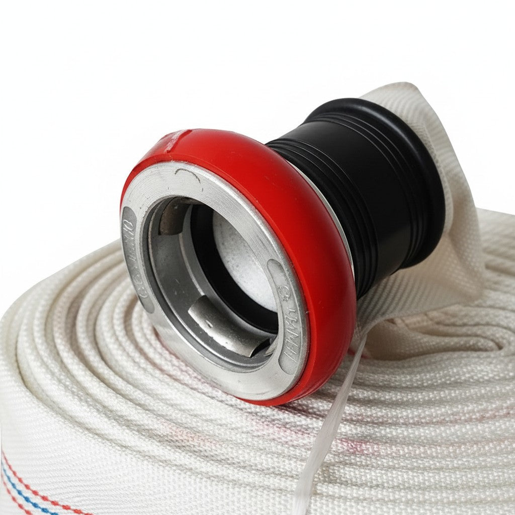 Manguera contra incendios GERF SAFETY blanca de poliéster con acople metálico y protector rojo en fondo blanco