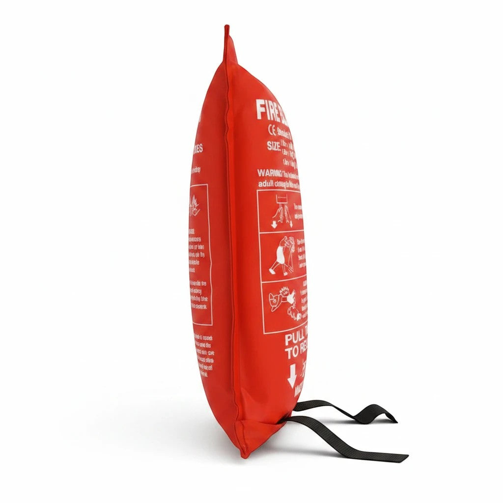 Manta contra incendios GERF SAFETY de fibra de vidrio en bolsa suave roja con instrucciones de uso impresas