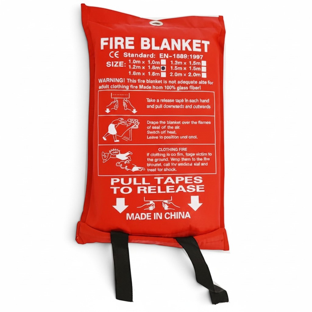 Manta contra incendios GERF SAFETY de fibra de vidrio en bolsa roja suave con instrucciones de uso impresas