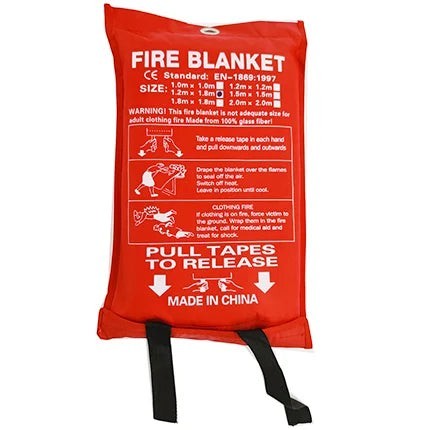 Manta contra incendios GERF SAFETY de fibra de vidrio en bolsa roja con instrucciones de uso y certificación EN1869