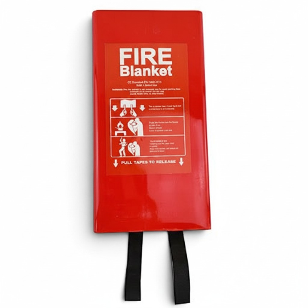 Manta contra incendios GERF SAFETY de fibra de vidrio en estuche rojo con instrucciones de uso impresas
