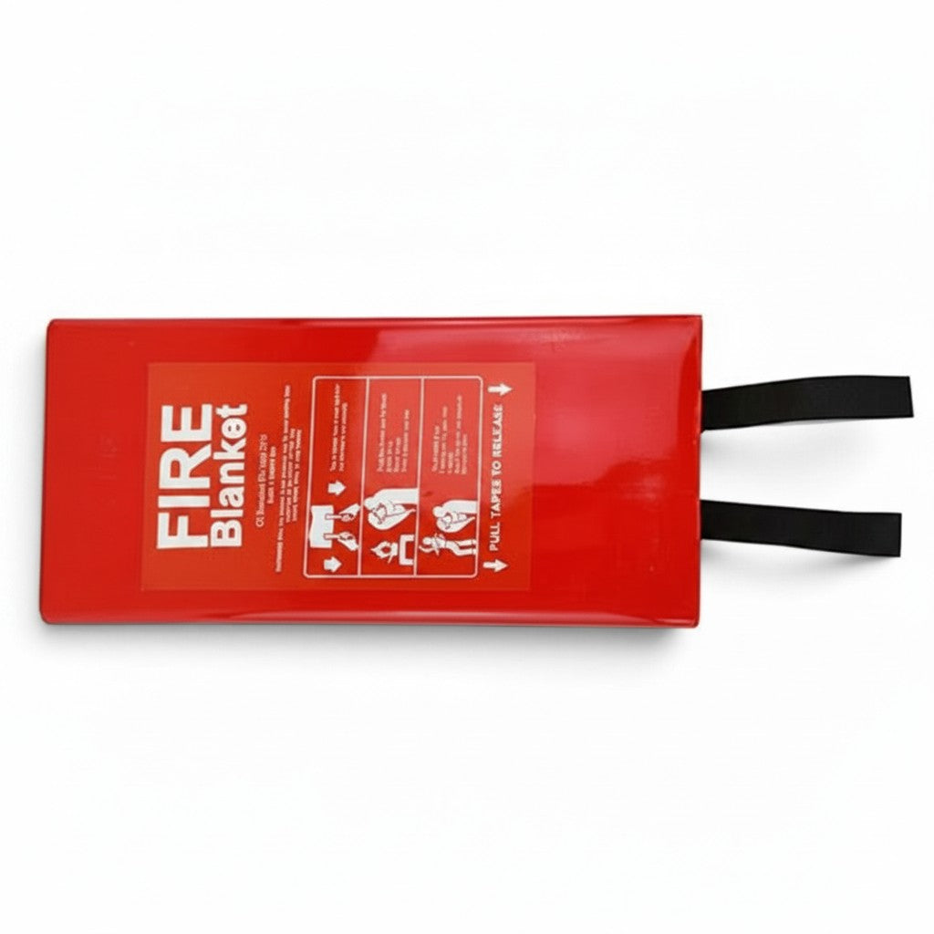 Manta contra incendios GERF SAFETY de fibra de vidrio en estuche protector rojo con instrucciones de uso claras.